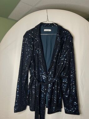 JustFab Navy Blue Sequin Belted Blazer